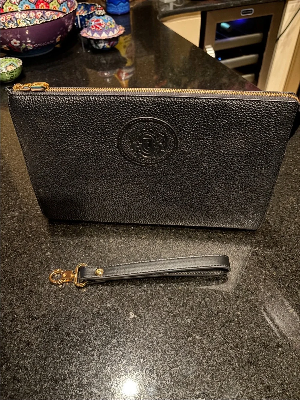 a. testoni Black Pebbled Leather Zip Pouch with Embossed Logo